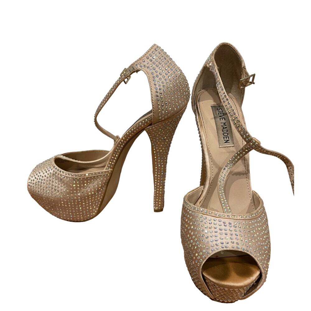 Steve Madden champagne Angylna1 Platform crystal Heels Rhinestones shoes sz 7.5m